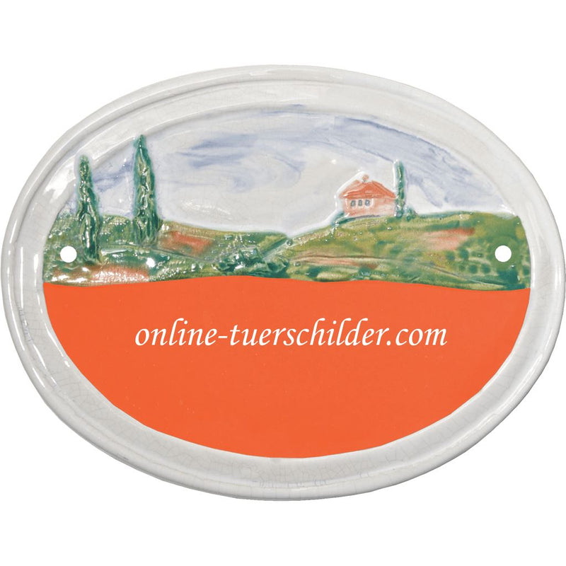 Türschild aus Keramik Kleines Haus mit Zypressen mit Ihrem Wunschtext Terracotta 