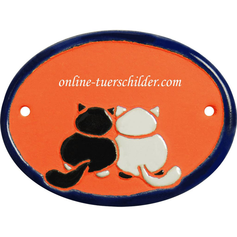 Türschild aus Keramik Schwarz weißes Katzenpaar personalisiert Türschild  Terracotta 
