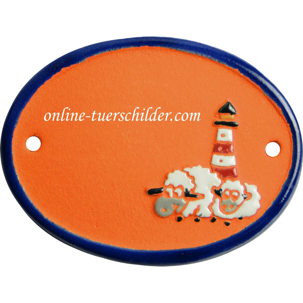 Türschild aus Keramik Zwei Schafe vor Leuchtturm personalisiert Türschild  Terracotta 