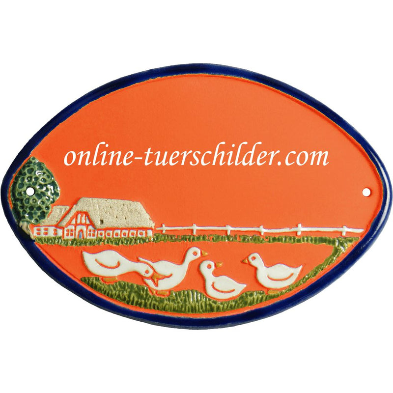 Türschild aus Keramik Vier Gänse vor Bauernhof personalisiert Terracotta 