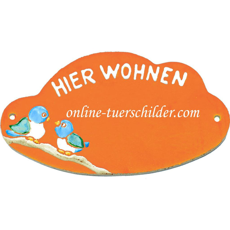Türschild aus Keramik Zwei Vögelchen und Hier Wohnen personalisiert  Terracotta 