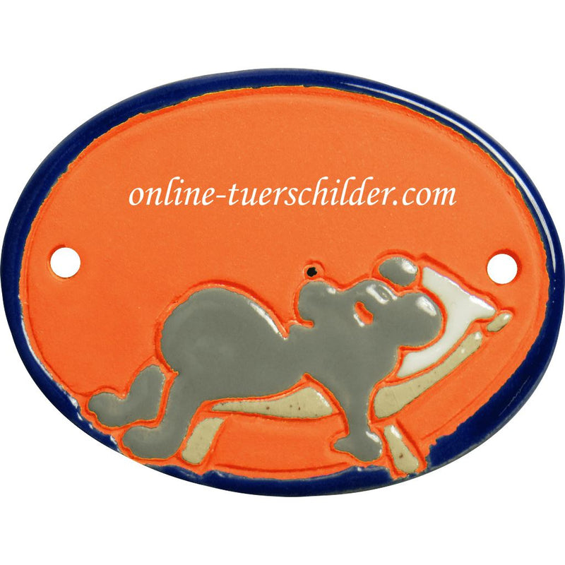 Türschild aus Keramik Schlafende Maus auf Liegestuhl personalisiert Terracotta 