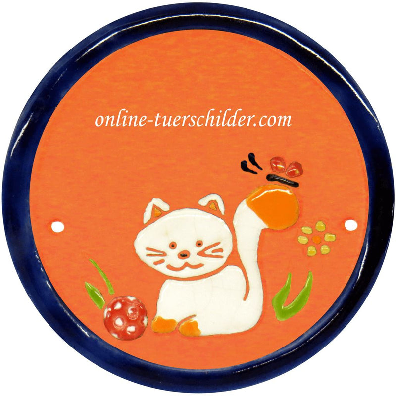 Türschild aus Keramik Katze mit Ball personalisiert Türschild Keramik Katze mit Ball  Terracotta 