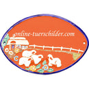 Türschild aus Keramik Vier Schafe vor Bauernhaus personalisiert Terracotta 