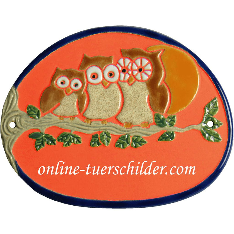 Türschild aus Keramik Drei Eulen auf Ast personalisiert Keramikschild  Terracotta 