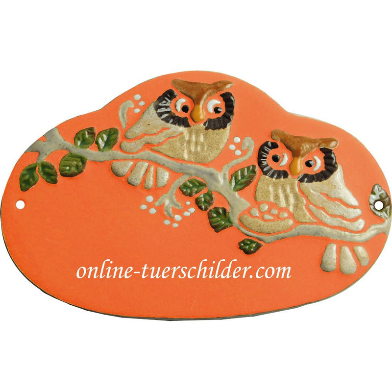 Türschild aus Keramik Nest und zwei Eulen personalisiert Keramikschild  Terracotta 