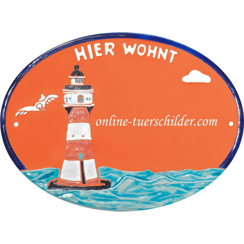 Türschild aus Keramik Leuchtturm und "Hier wohnt" personalisiert Terracotta 