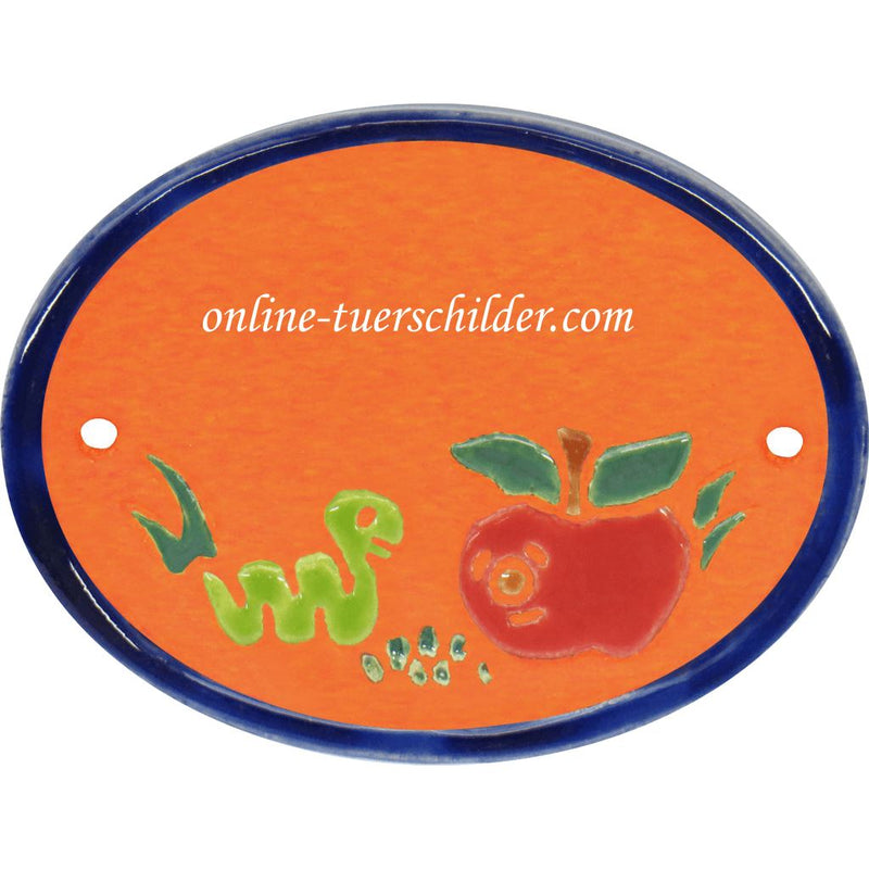 Türschild aus Keramik Wurm und Apfel personalisiert Türschild Keramik  Terracotta 