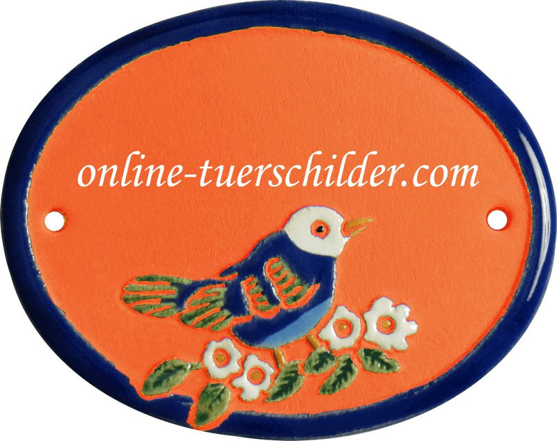 Türschild aus Keramik Vogel auf Ast personalisiert Keramikschild online-tuerschilder.com Terracotta 