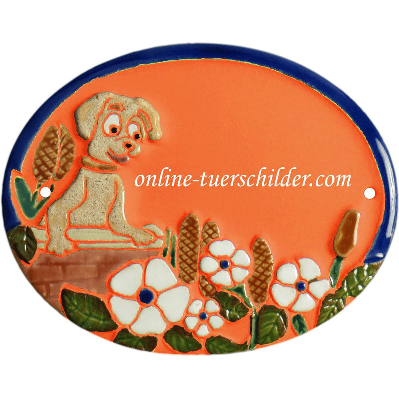 Türschild aus Keramik Hund und Mauer Türschild aus Keramik Hund und Mauer Terracotta 
