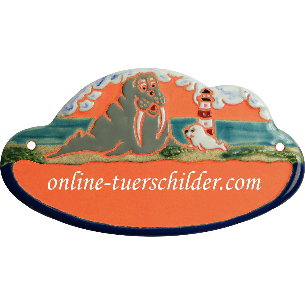 Türschild aus Keramik Großes Walroß mit kleiner Robbe personalisiert  Terracotta 
