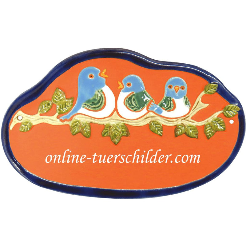 Türschild aus Keramik Drei Vögel auf einem Ast personalisiert Keramikschild terracotta 