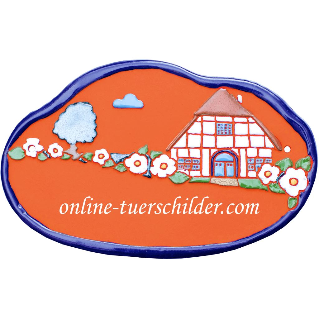 Türschild aus Keramik Fachwerkhaus personalisiert Keramikschild online-tuerschilder.com Terracotta 