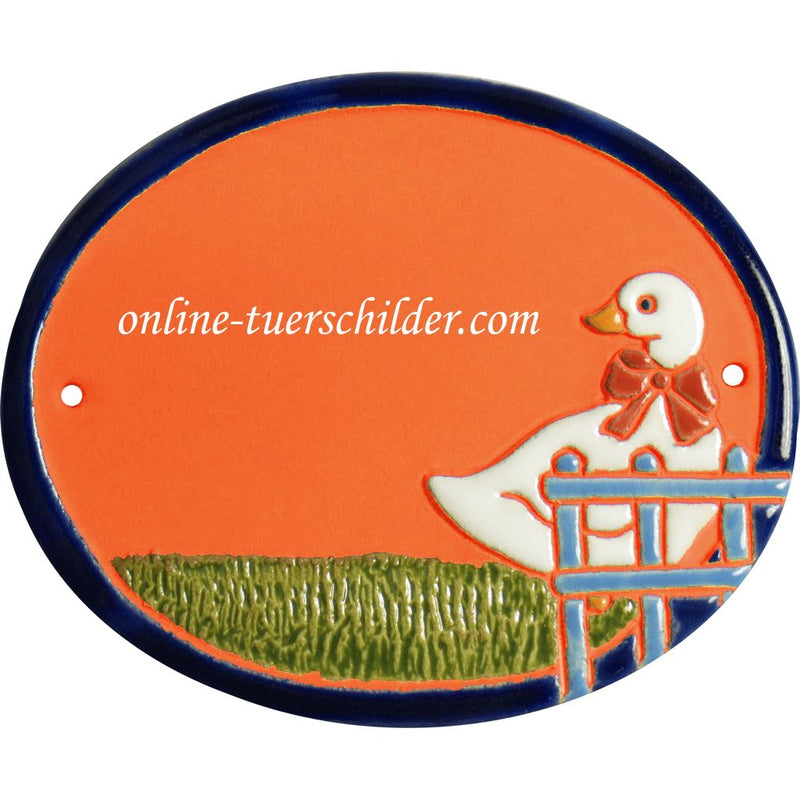 Türschild aus Keramik Gans mit einer Schleife personalisiert Keramikschild  Terracotta 